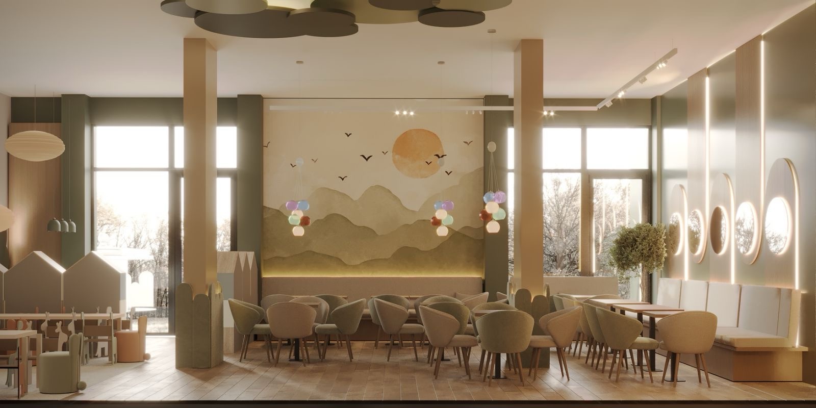 Mural sa suncem i brdima
